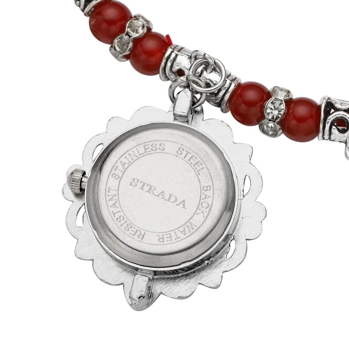 Strada Red Agate Beaded and Crystal Japanese Movement Stretch Bracelet Watch with Elephant and Fairy Charm in Silvertone (7-7.50 In) 30.00 ctw image number 4