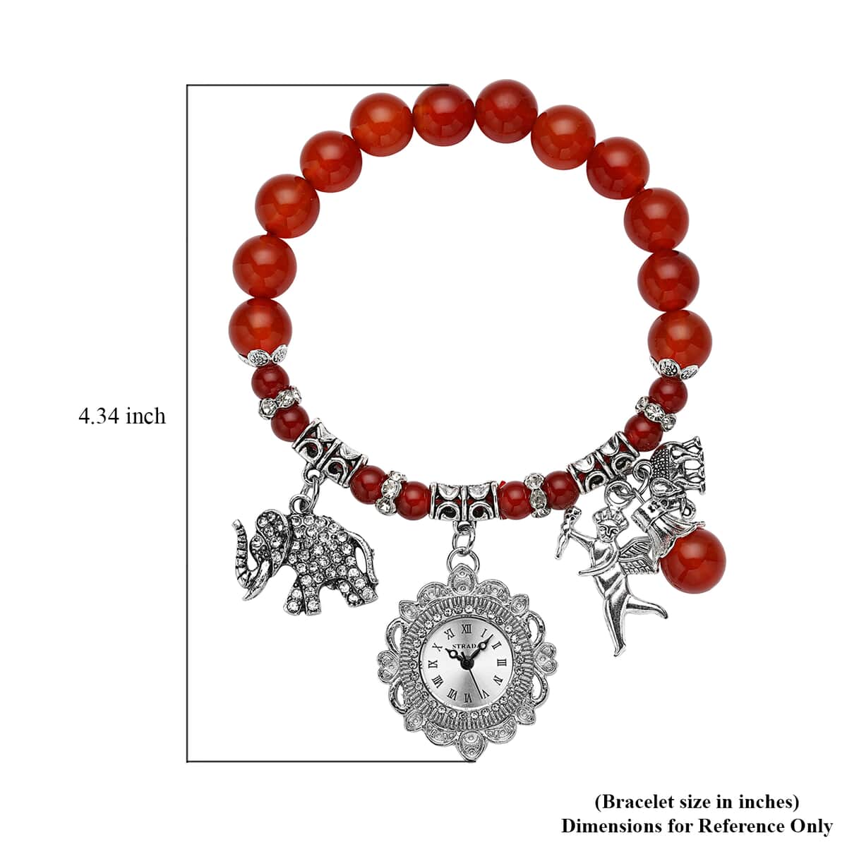 Strada Red Agate Beaded and Crystal Japanese Movement Stretch Bracelet Watch with Elephant and Fairy Charm in Silvertone (7-7.50 In) 30.00 ctw image number 5