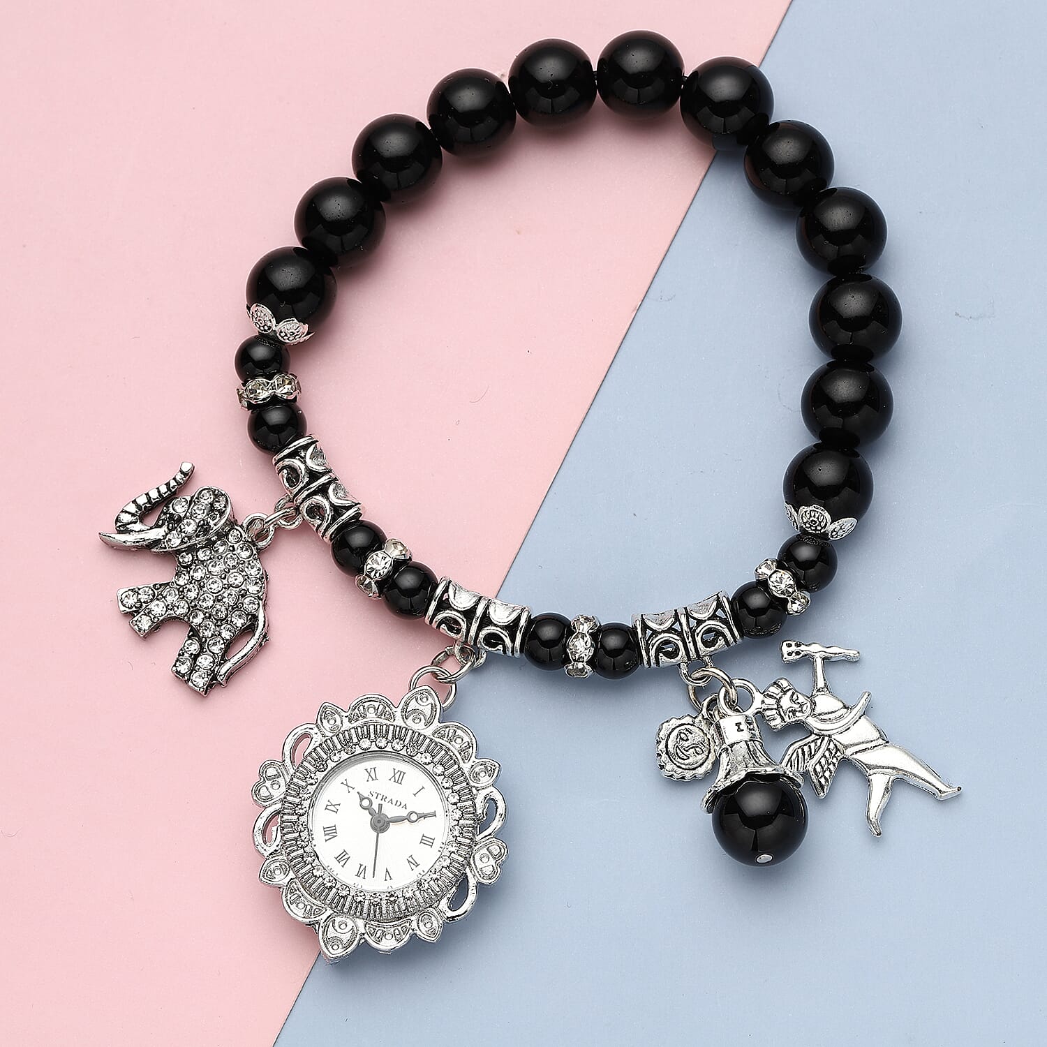 Strada Black Agate Beaded, Austrian Crystal Japanese Movement Stretch Bracelet Watch with Elephant and Fairy Charm in Silvertone (7-7.50 In) 30.00 ctw