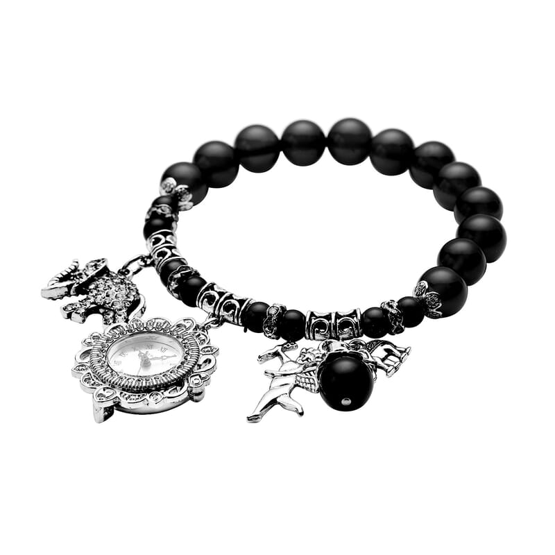 Strada Black Agate Beaded, Austrian Crystal Japanese Movement Stretch Bracelet Watch with Elephant and Fairy Charm in Silvertone (7-7.50 In) 30.00 ctw