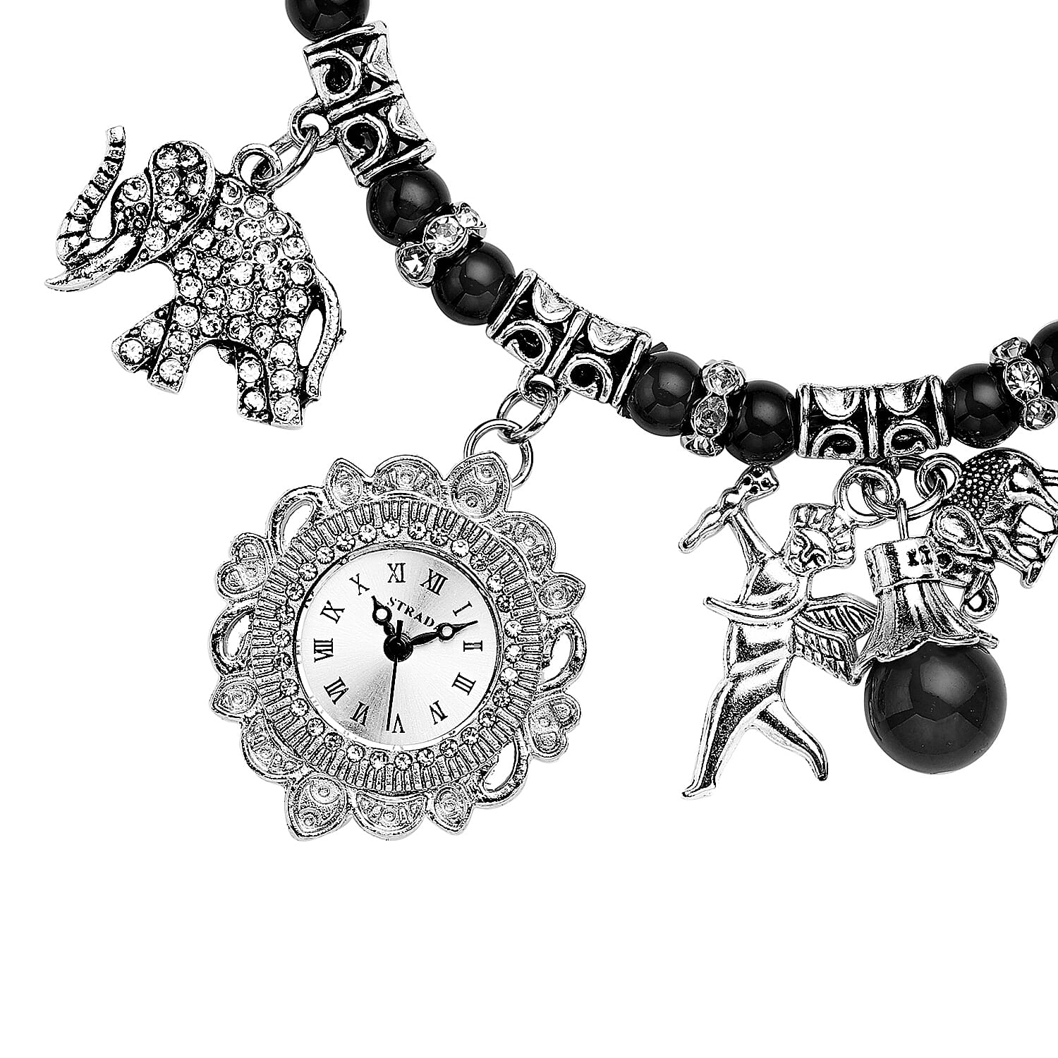 Strada Black Agate Beaded, Austrian Crystal Japanese Movement Stretch Bracelet Watch with Elephant and Fairy Charm in Silvertone (7-7.50 In) 30.00 ctw
