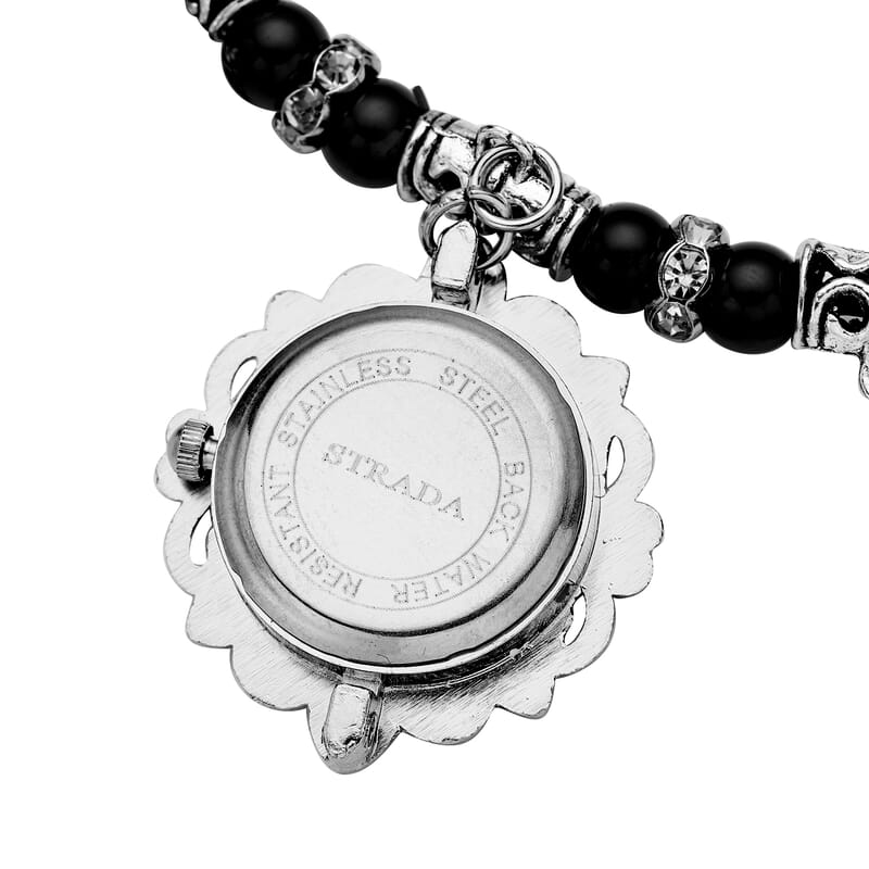 Strada Black Agate Beaded, Austrian Crystal Japanese Movement Stretch Bracelet Watch with Elephant and Fairy Charm in Silvertone (7-7.50 In) 30.00 ctw