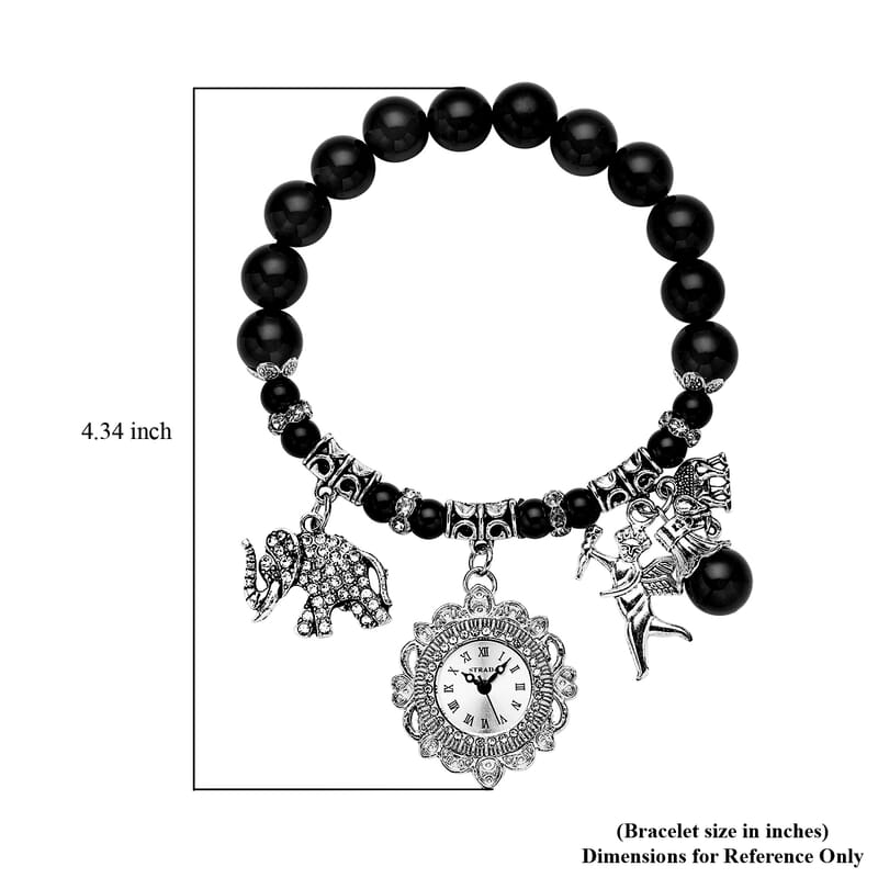 Strada Black Agate Beaded, Austrian Crystal Japanese Movement Stretch Bracelet Watch with Elephant and Fairy Charm in Silvertone (7-7.50 In) 30.00 ctw
