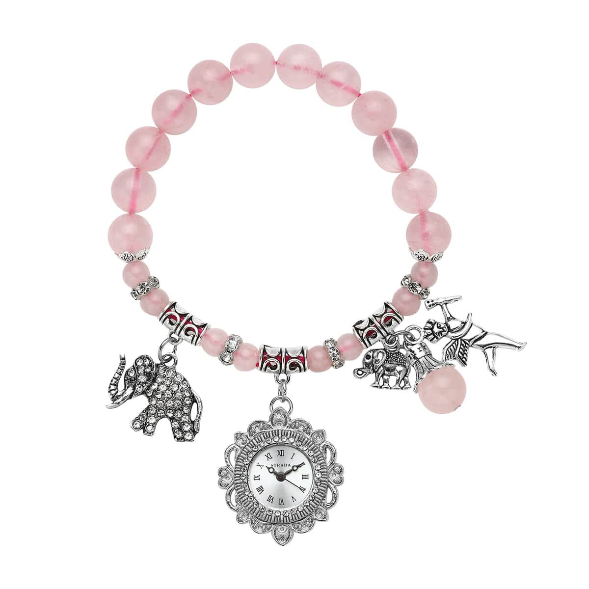 Strada Rose Quartz Beaded, Austrian Crystal Japanese Movement Stretch Bracelet Watch with Elephant and Fairy Charm in Silvertone (7-7.50 In) 30.00 ctw image number 0