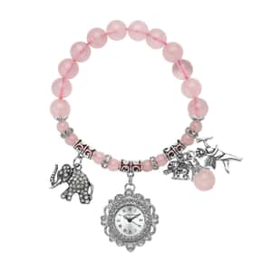 Strada Rose Quartz Beaded, Austrian Crystal Japanese Movement Stretch Bracelet Watch with Elephant and Fairy Charm in Silvertone (7-7.50 In) 30.00 ctw