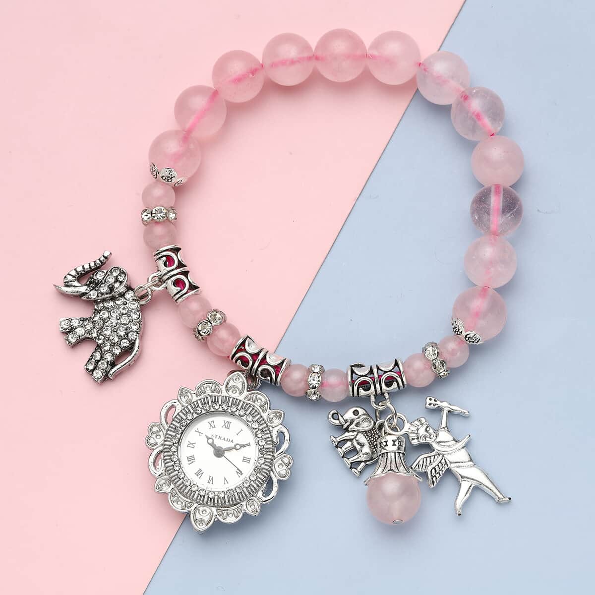 Strada Rose Quartz Beaded, Austrian Crystal Japanese Movement Stretch Bracelet Watch with Elephant and Fairy Charm in Silvertone (7-7.50 In) 30.00 ctw image number 1