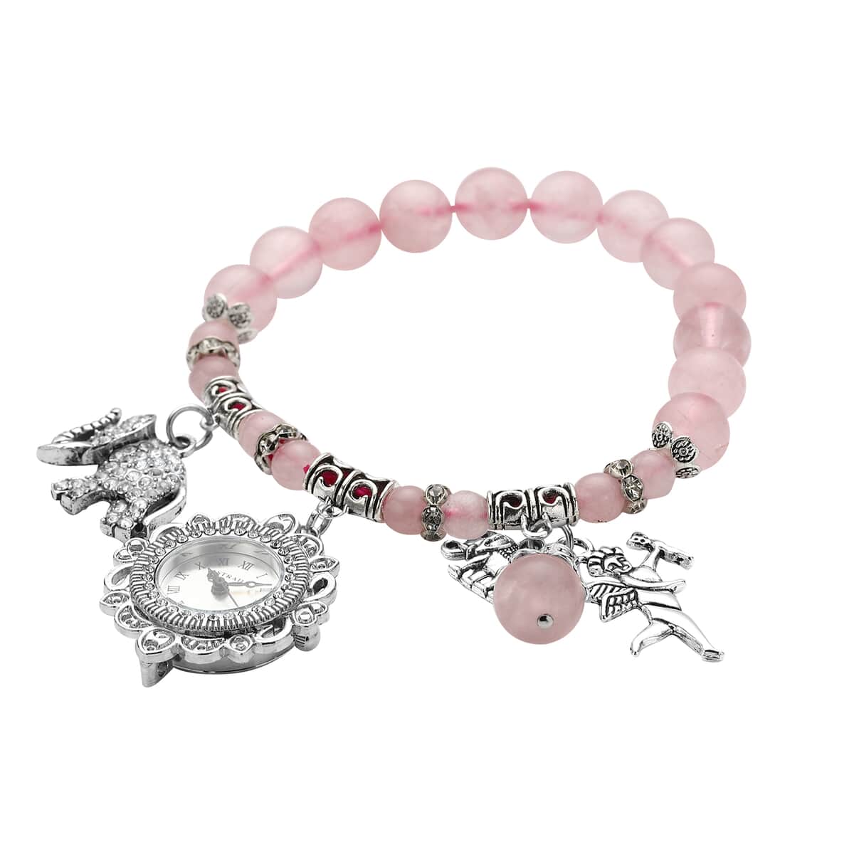 Strada Rose Quartz Beaded, Austrian Crystal Japanese Movement Stretch Bracelet Watch with Elephant and Fairy Charm in Silvertone (7-7.50 In) 30.00 ctw image number 2