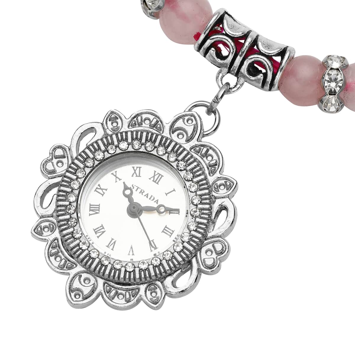 Strada Rose Quartz Beaded, Austrian Crystal Japanese Movement Stretch Bracelet Watch with Elephant and Fairy Charm in Silvertone (7-7.50 In) 30.00 ctw image number 3