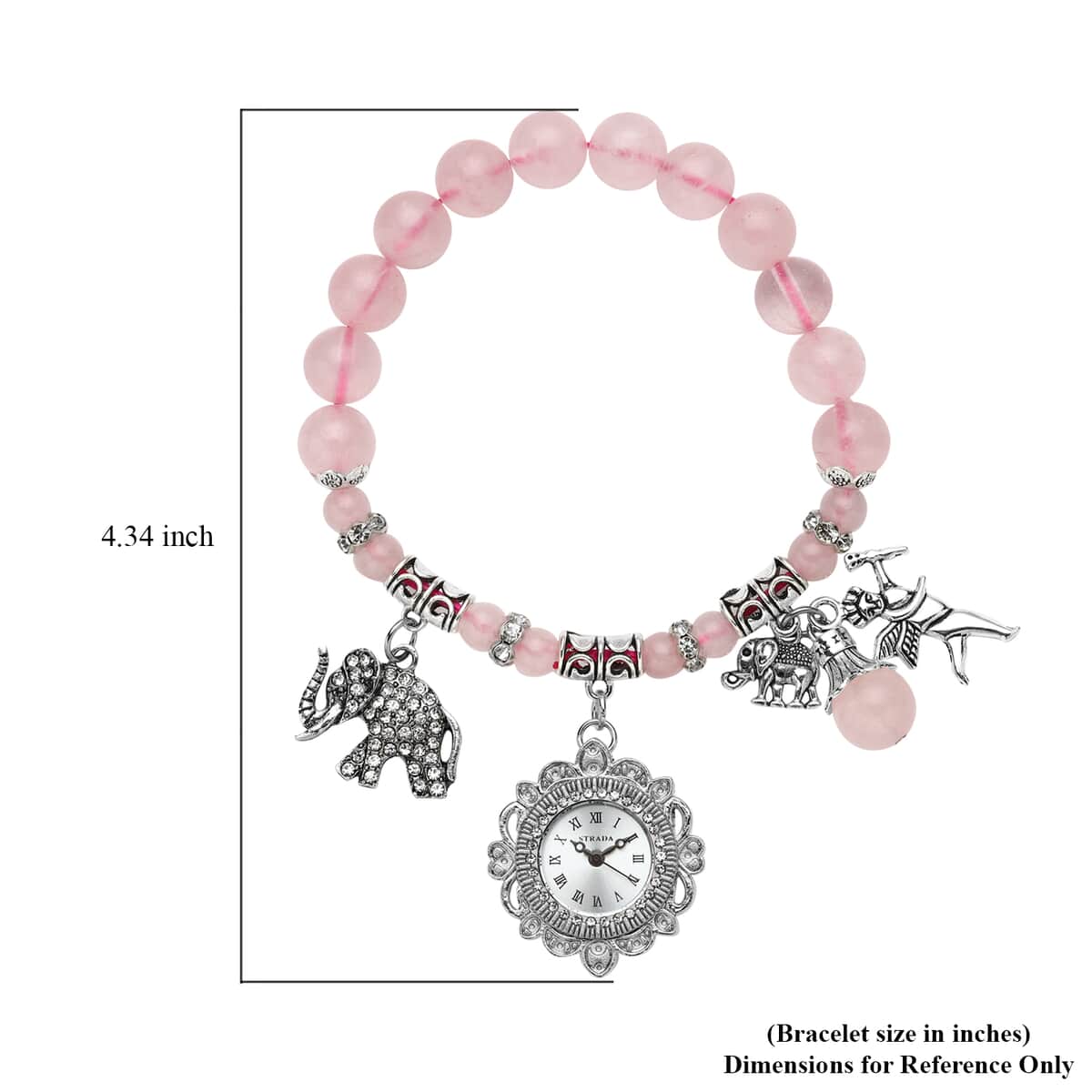 Strada Rose Quartz Beaded, Austrian Crystal Japanese Movement Stretch Bracelet Watch with Elephant and Fairy Charm in Silvertone (7-7.50 In) 30.00 ctw image number 5