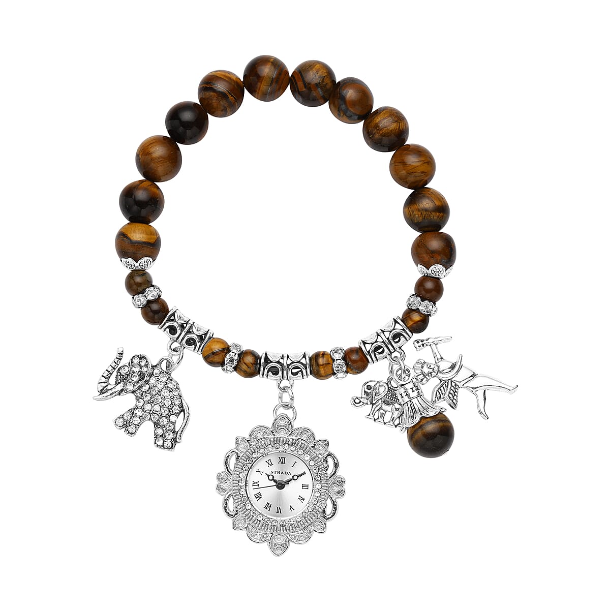 Strada Yellow Tiger's Eye Beaded, Crystal Japanese Movement Stretch Bracelet Watch with Elephant and Fairy Charm in Silvertone (7-7.50 In) 30.00 ctw image number 0