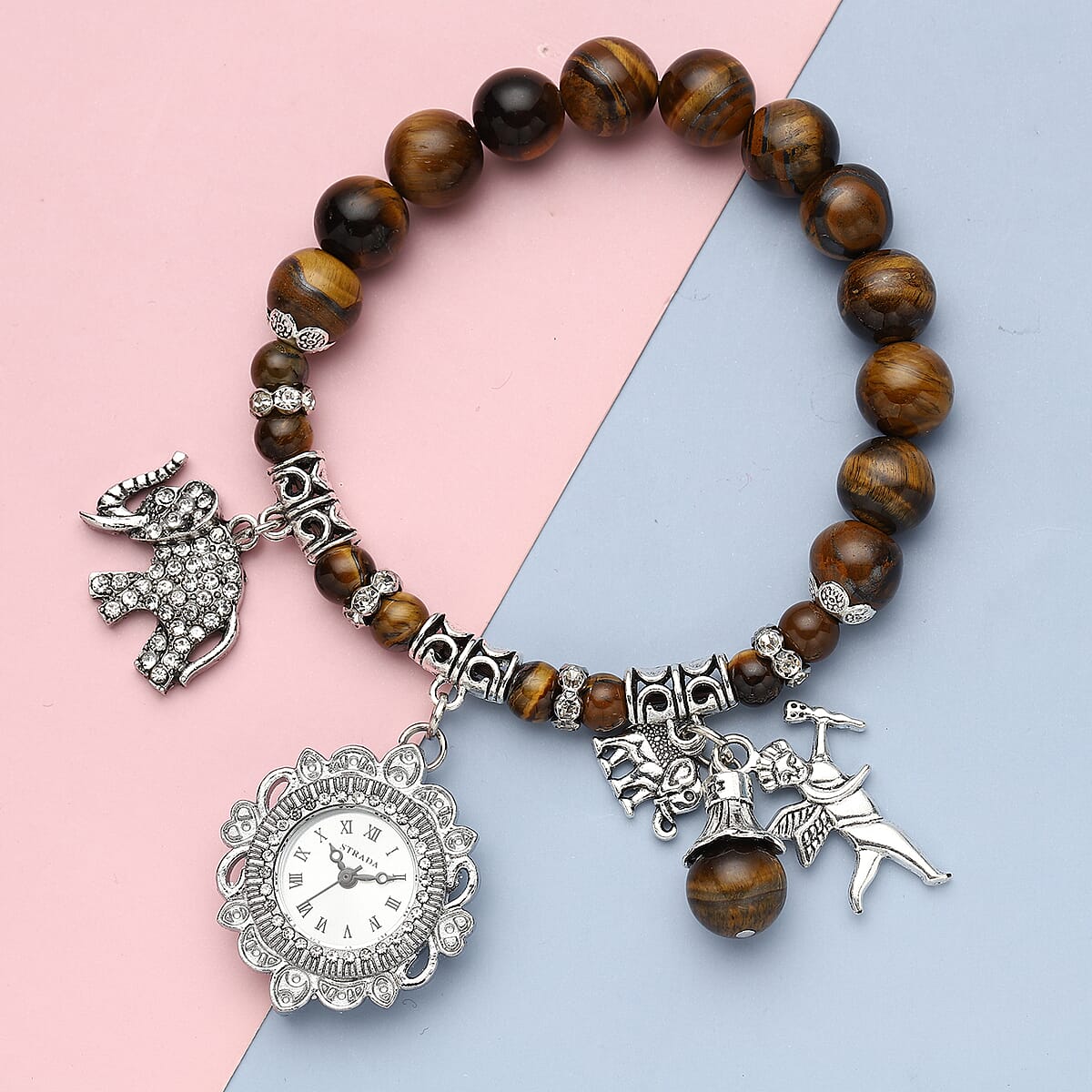 Strada Yellow Tiger's Eye Beaded, Crystal Japanese Movement Stretch Bracelet Watch with Elephant and Fairy Charm in Silvertone (7-7.50 In) 30.00 ctw image number 1