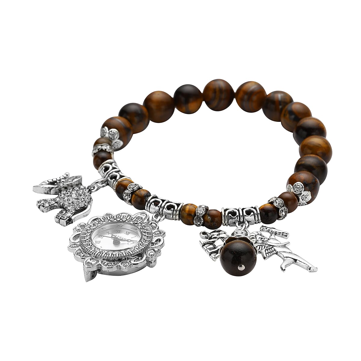 Strada Yellow Tiger's Eye Beaded, Crystal Japanese Movement Stretch Bracelet Watch with Elephant and Fairy Charm in Silvertone (7-7.50 In) 30.00 ctw image number 2
