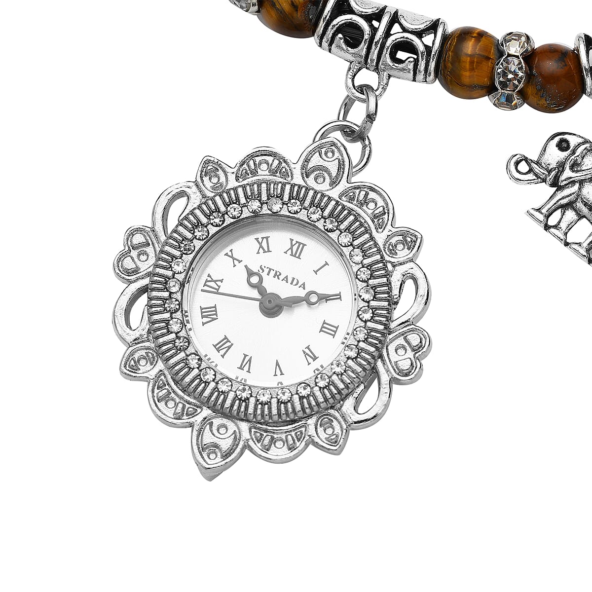 Strada Yellow Tiger's Eye Beaded, Crystal Japanese Movement Stretch Bracelet Watch with Elephant and Fairy Charm in Silvertone (7-7.50 In) 30.00 ctw image number 3