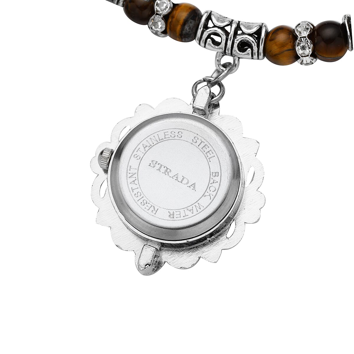 Strada Yellow Tiger's Eye Beaded, Crystal Japanese Movement Stretch Bracelet Watch with Elephant and Fairy Charm in Silvertone (7-7.50 In) 30.00 ctw image number 4