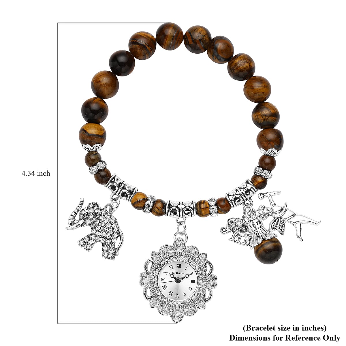 Strada Yellow Tiger's Eye Beaded, Crystal Japanese Movement Stretch Bracelet Watch with Elephant and Fairy Charm in Silvertone (7-7.50 In) 30.00 ctw image number 5