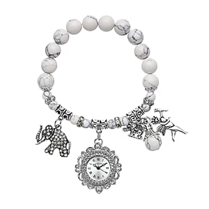 Strada White Howlite Beaded, Crystal Japanese Movement Stretch Bracelet Watch with Elephant and Fairy Charm in Silvertone (7-7.50 In) 30.00 ctw