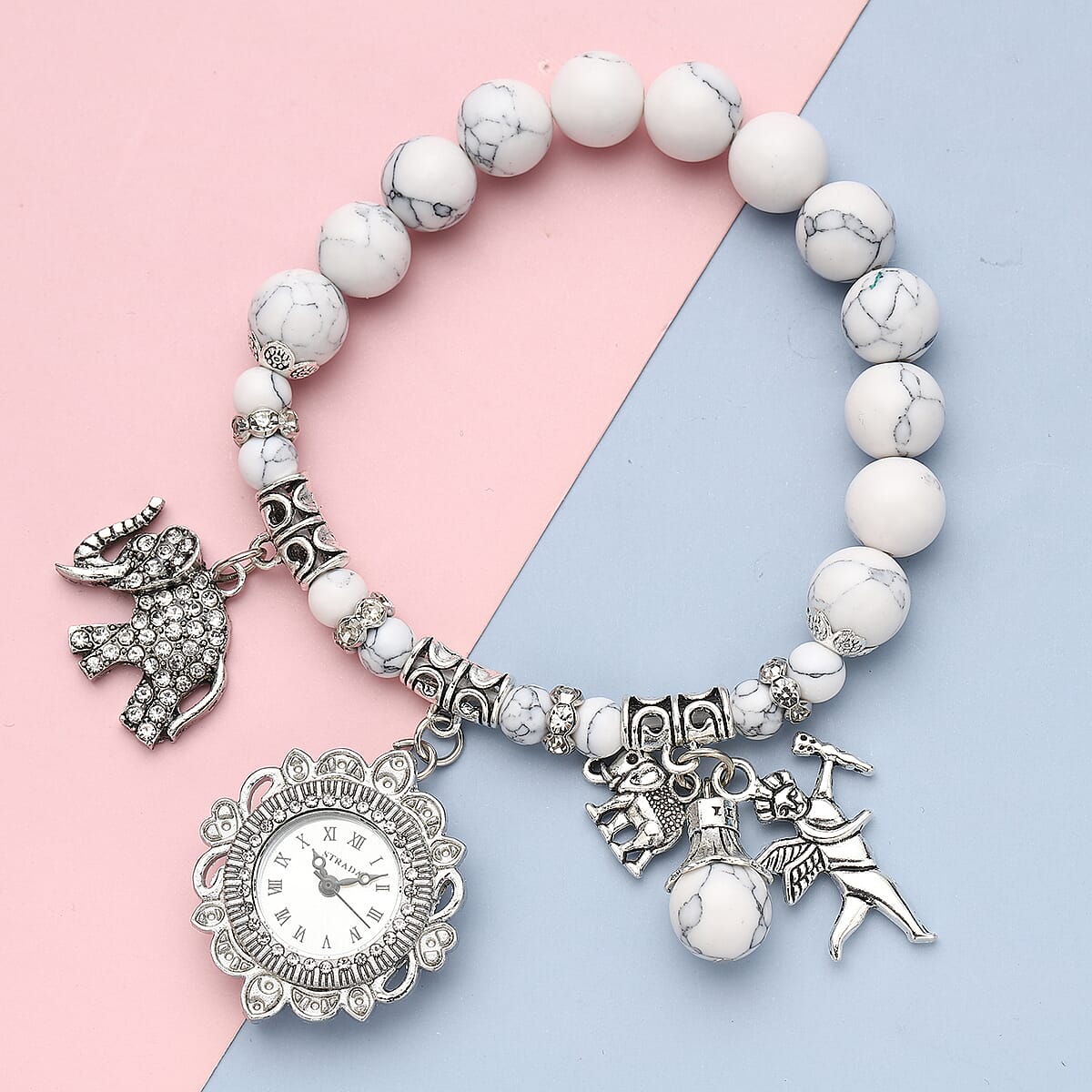 Strada White Howlite Beaded, Crystal Japanese Movement Stretch Bracelet Watch with Elephant and Fairy Charm in Silvertone (7-7.50 In) 30.00 ctw image number 1