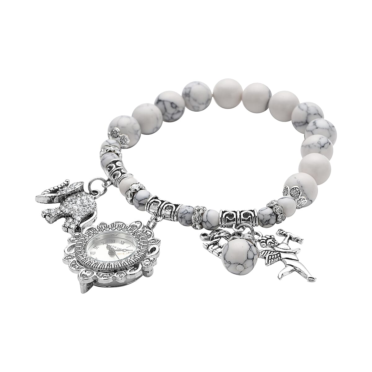 Strada White Howlite Beaded, Crystal Japanese Movement Stretch Bracelet Watch with Elephant and Fairy Charm in Silvertone (7-7.50 In) 30.00 ctw image number 2