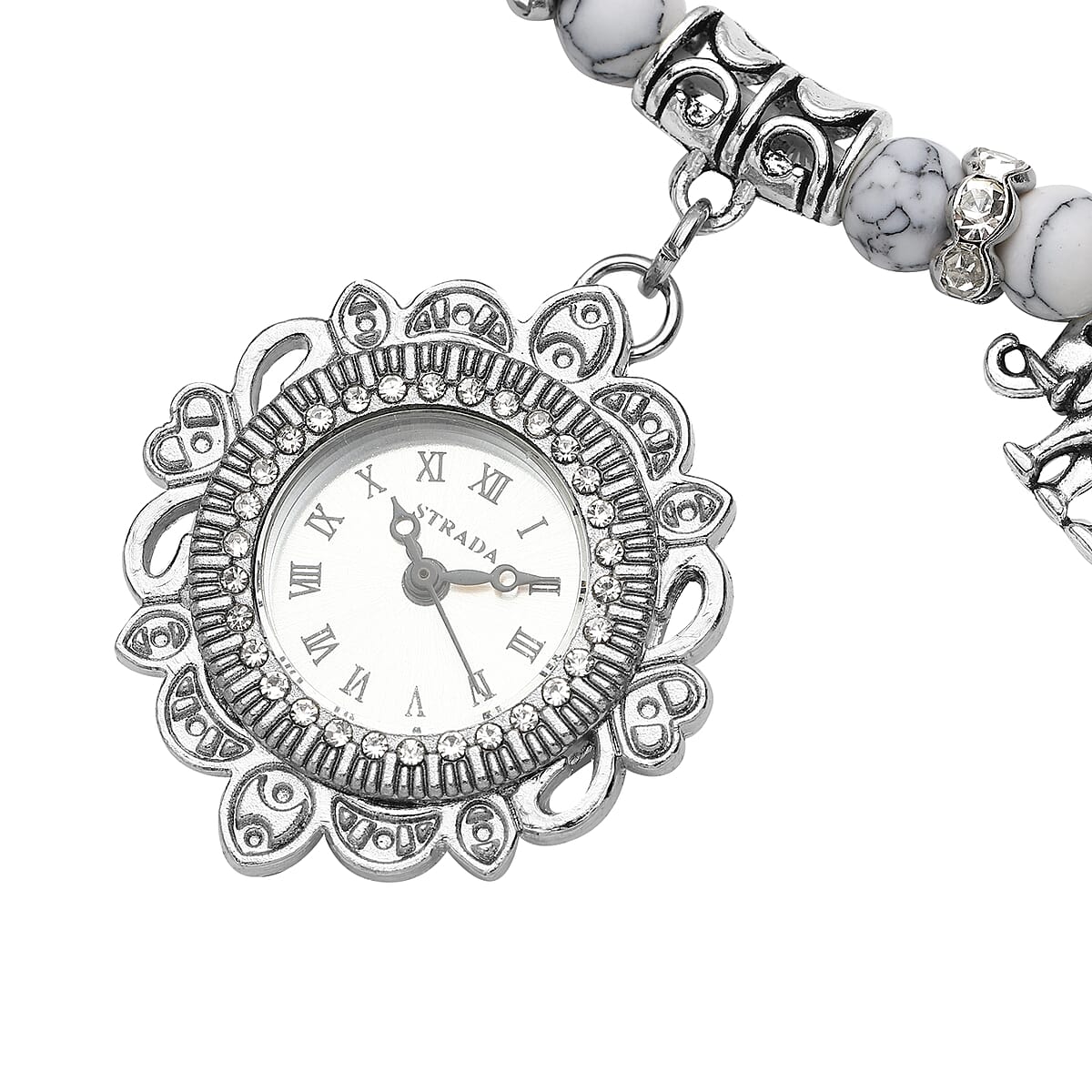 Strada White Howlite Beaded, Crystal Japanese Movement Stretch Bracelet Watch with Elephant and Fairy Charm in Silvertone (7-7.50 In) 30.00 ctw image number 3