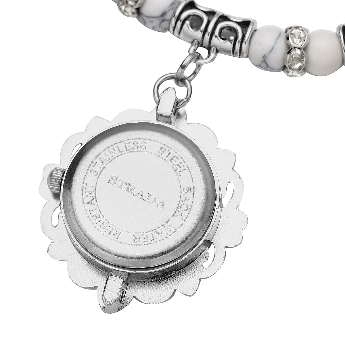 Strada White Howlite Beaded, Crystal Japanese Movement Stretch Bracelet Watch with Elephant and Fairy Charm in Silvertone (7-7.50 In) 30.00 ctw image number 4