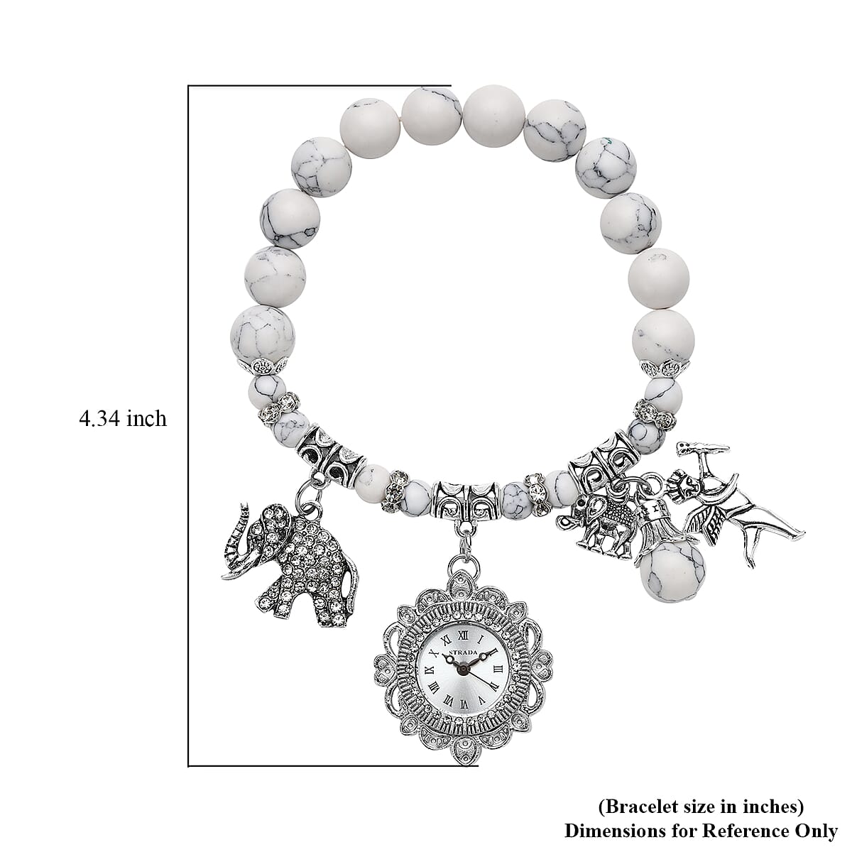 Strada White Howlite Beaded, Crystal Japanese Movement Stretch Bracelet Watch with Elephant and Fairy Charm in Silvertone (7-7.50 In) 30.00 ctw image number 5