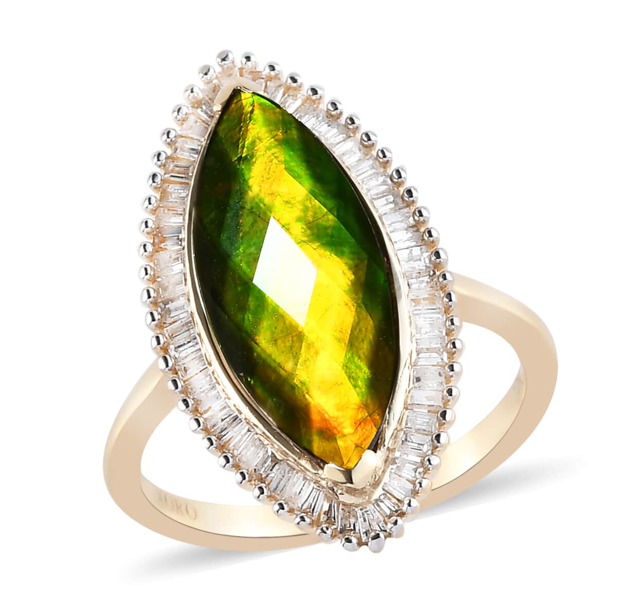 LUXORO 10K Yellow Gold Premium Canadian Ammolite and Diamond Elongated Ring (Size 5.0) 3.35 Grams 3.85 ctw image number 0