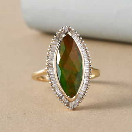 LUXORO 10K Yellow Gold Premium Canadian Ammolite and Diamond Elongated Ring (Size 5.0) 3.35 Grams 3.85 ctw image number 1