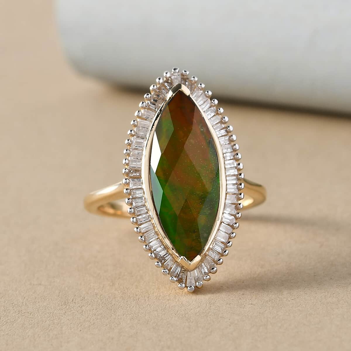LUXORO 10K Yellow Gold Premium Canadian Ammolite and Diamond Elongated Ring (Size 6.0) 3.35 Grams 3.85 ctw image number 1