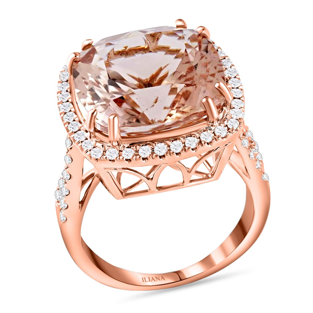 Certified & Appraised Iliana 18K Rose Gold Certified and Appraised AAA Marropino Morganite and G-H SI Diamond Halo Ring (Size 7.0) 6.40 Grams 10.85 ctw image number 0
