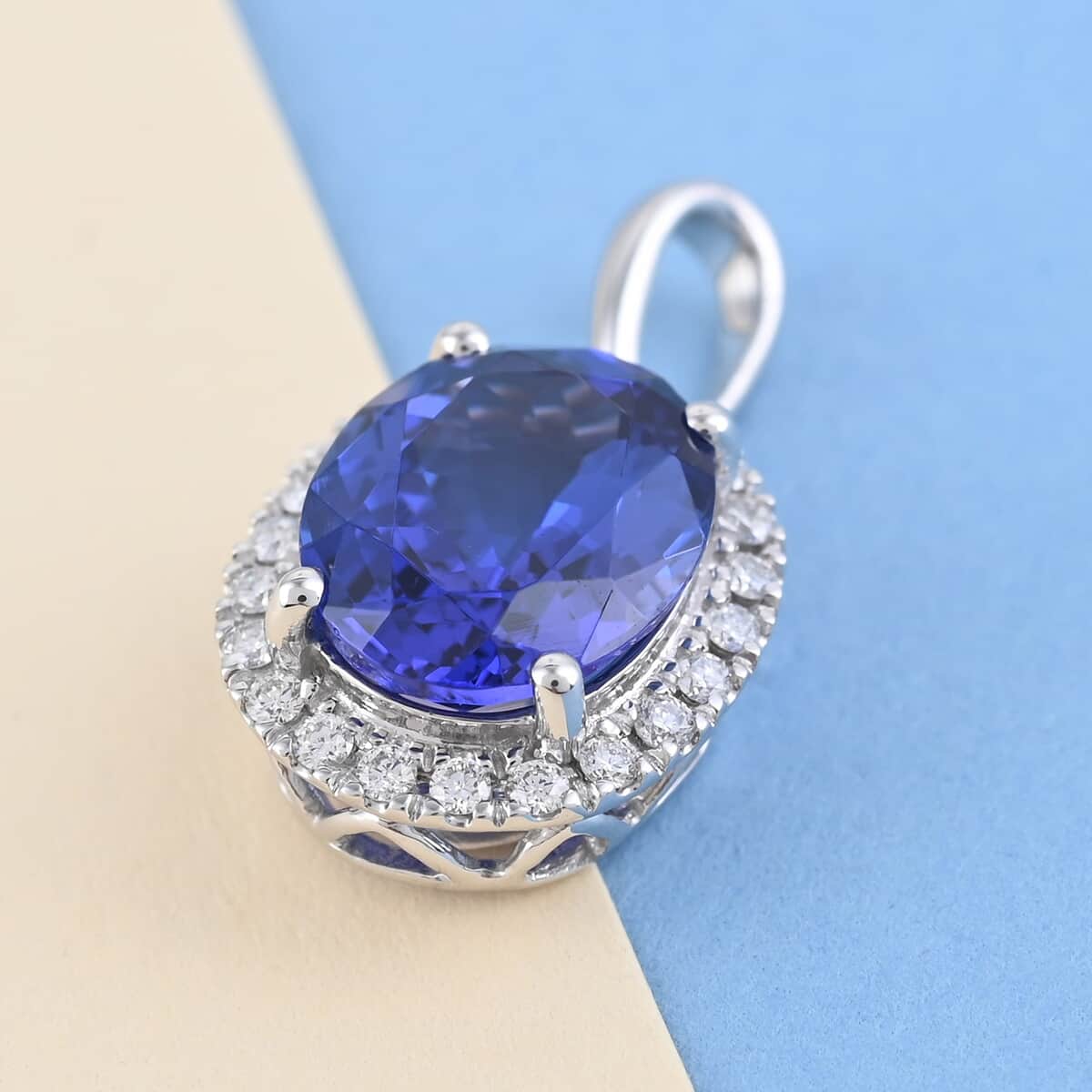 Certified & Appraised Rhapsody 950 Platinum AAAA Tanzanite and E-F VS Diamond Halo Pendant 3.10 ctw image number 1