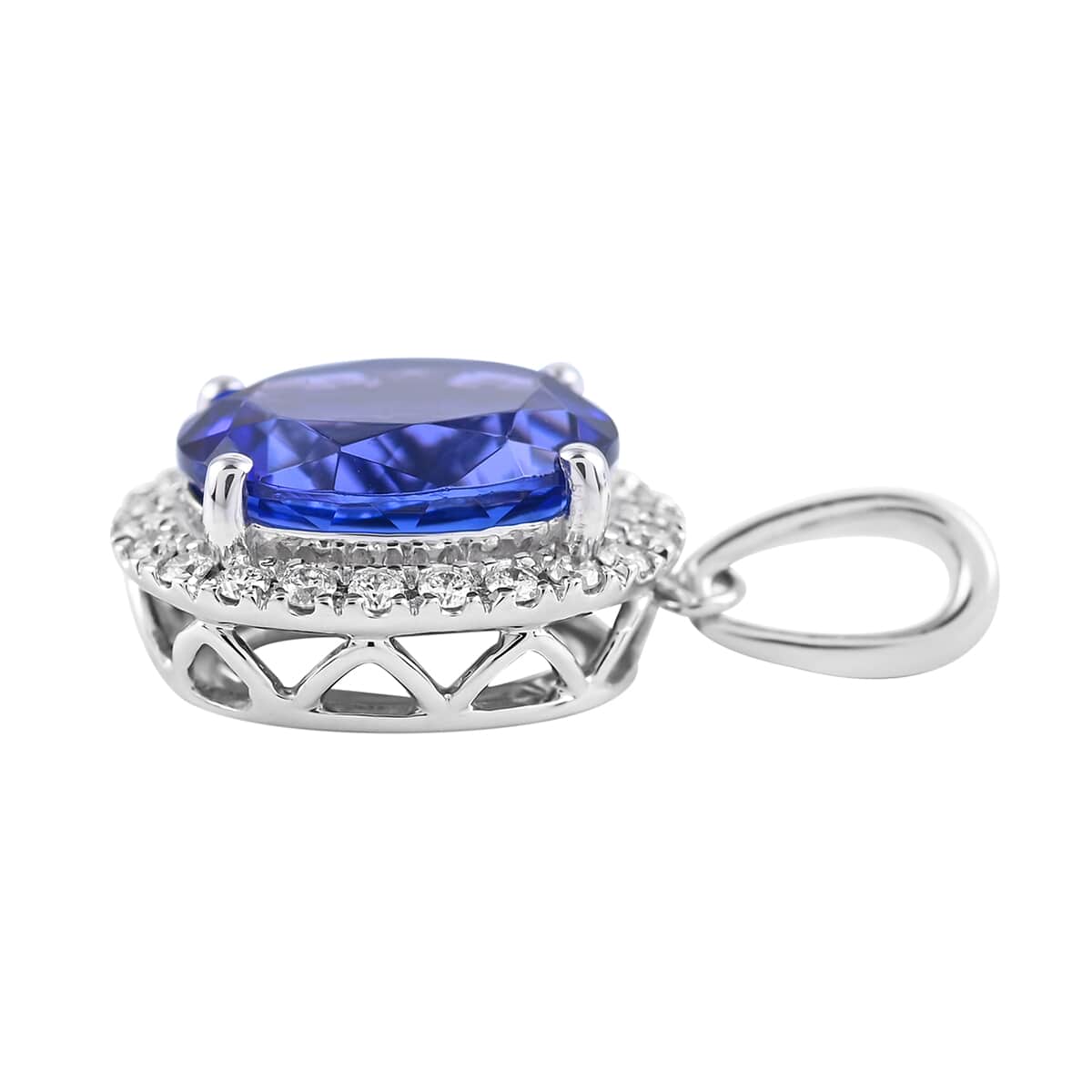 Certified & Appraised Rhapsody 950 Platinum AAAA Tanzanite and E-F VS Diamond Halo Pendant 3.10 ctw image number 2