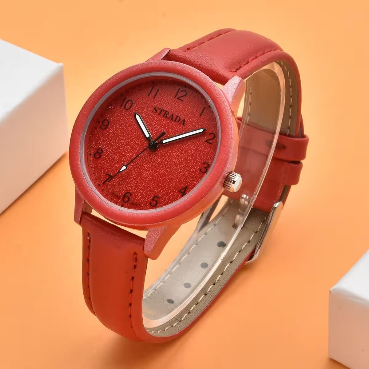 Strada Japanese Movement Watch with Red Faux Leather Strap (36.32 mm) (5.75-7.75 Inches) image number 1