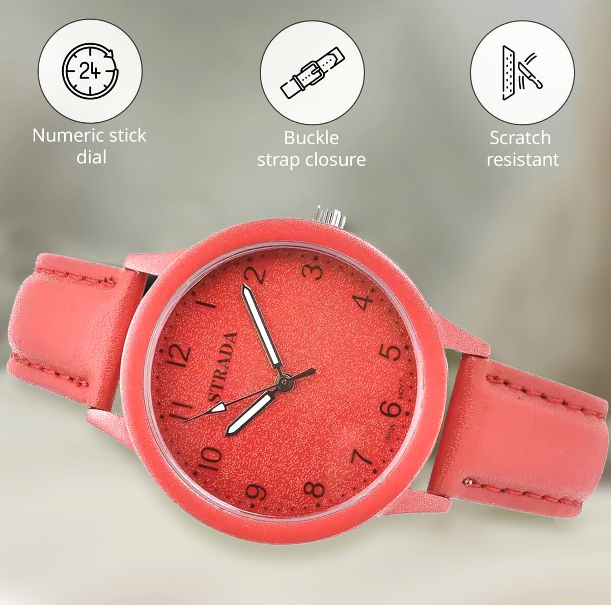 Strada Japanese Movement Watch with Red Faux Leather Strap (36.32 mm) (5.75-7.75 Inches) image number 3