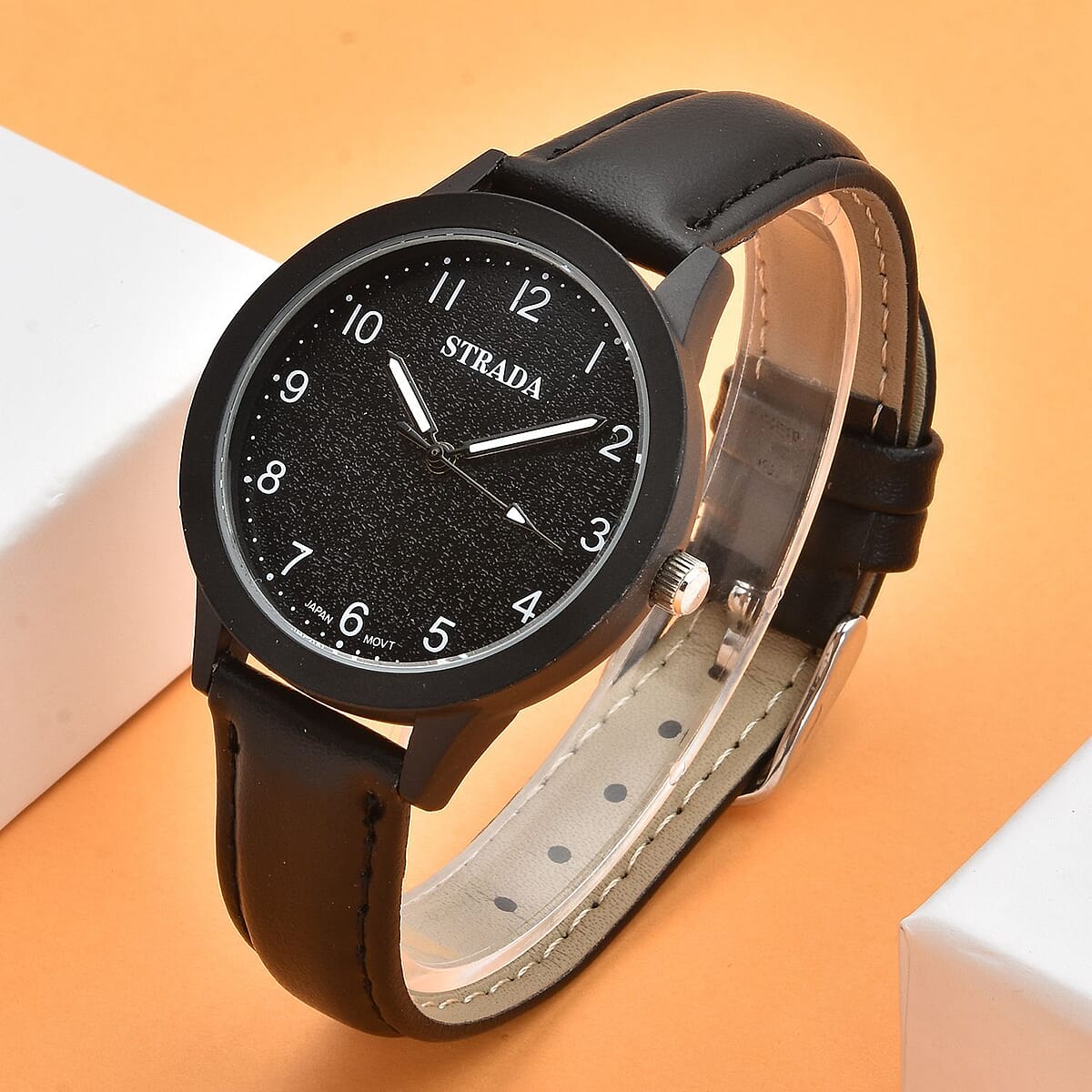 Strada Japanese Movement Watch with Black Faux Leather Strap (36.32 mm) (5.75-7.75 Inches) image number 1
