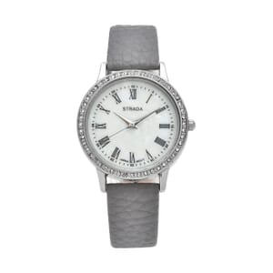 Strada Japanese Movement Simulated MOP Carved Dial Watch With Gray Faux Leather Strap (34mm) 
