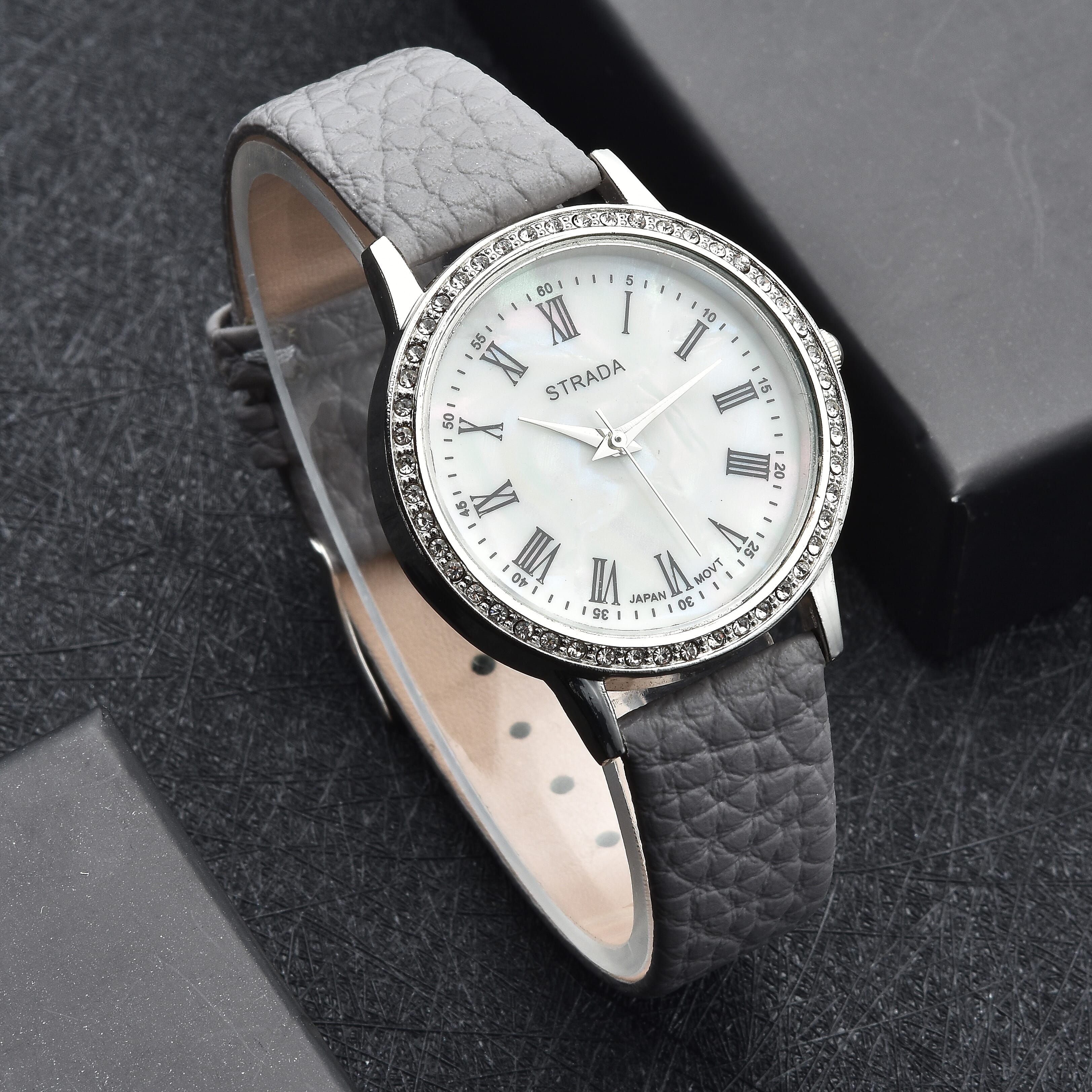 Strada Japanese Movement Simulated MOP Carved Dial Watch With Gray Faux Leather Strap (34mm) 
