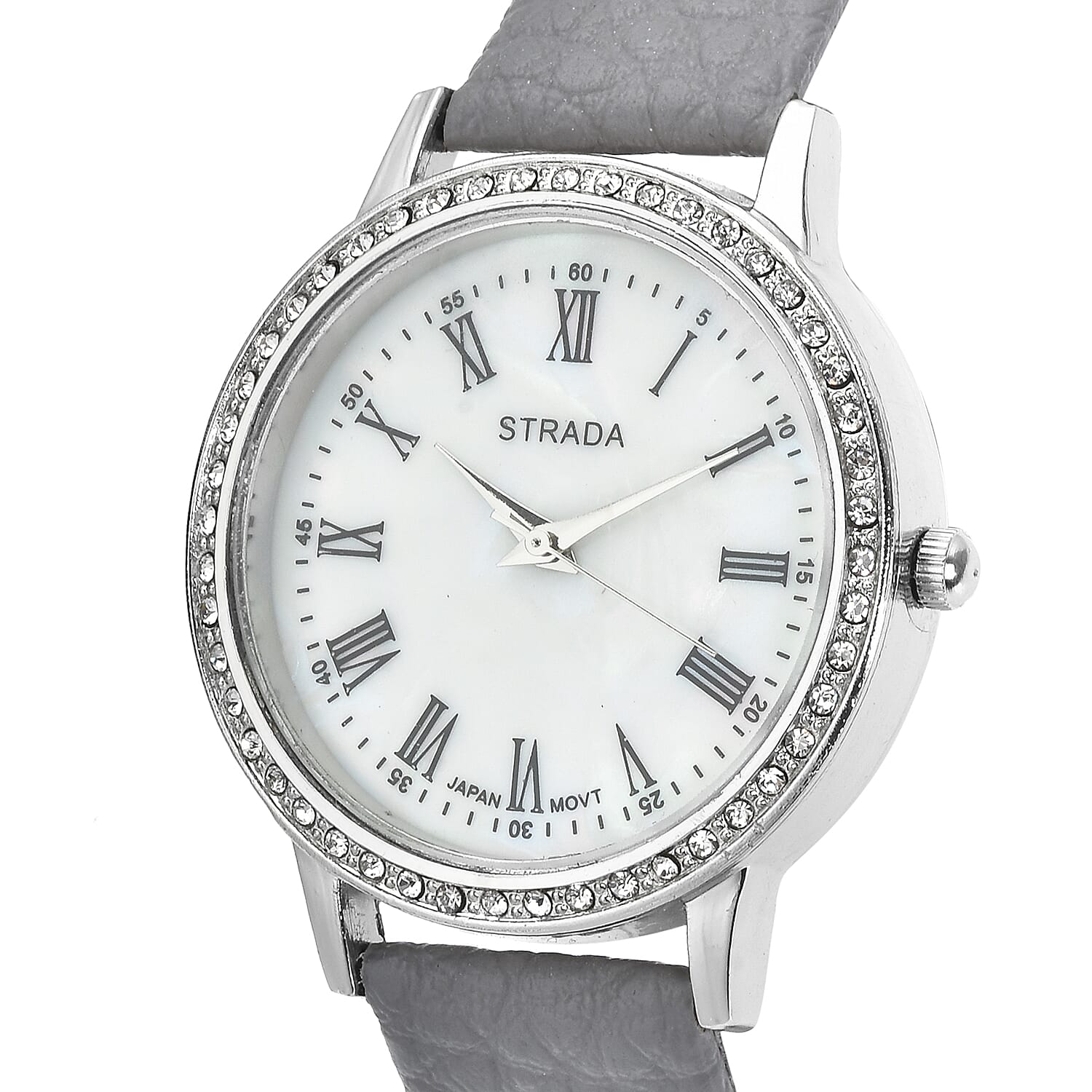 Strada Japanese Movement Simulated MOP Carved Dial Watch With Gray Faux Leather Strap (34mm) 