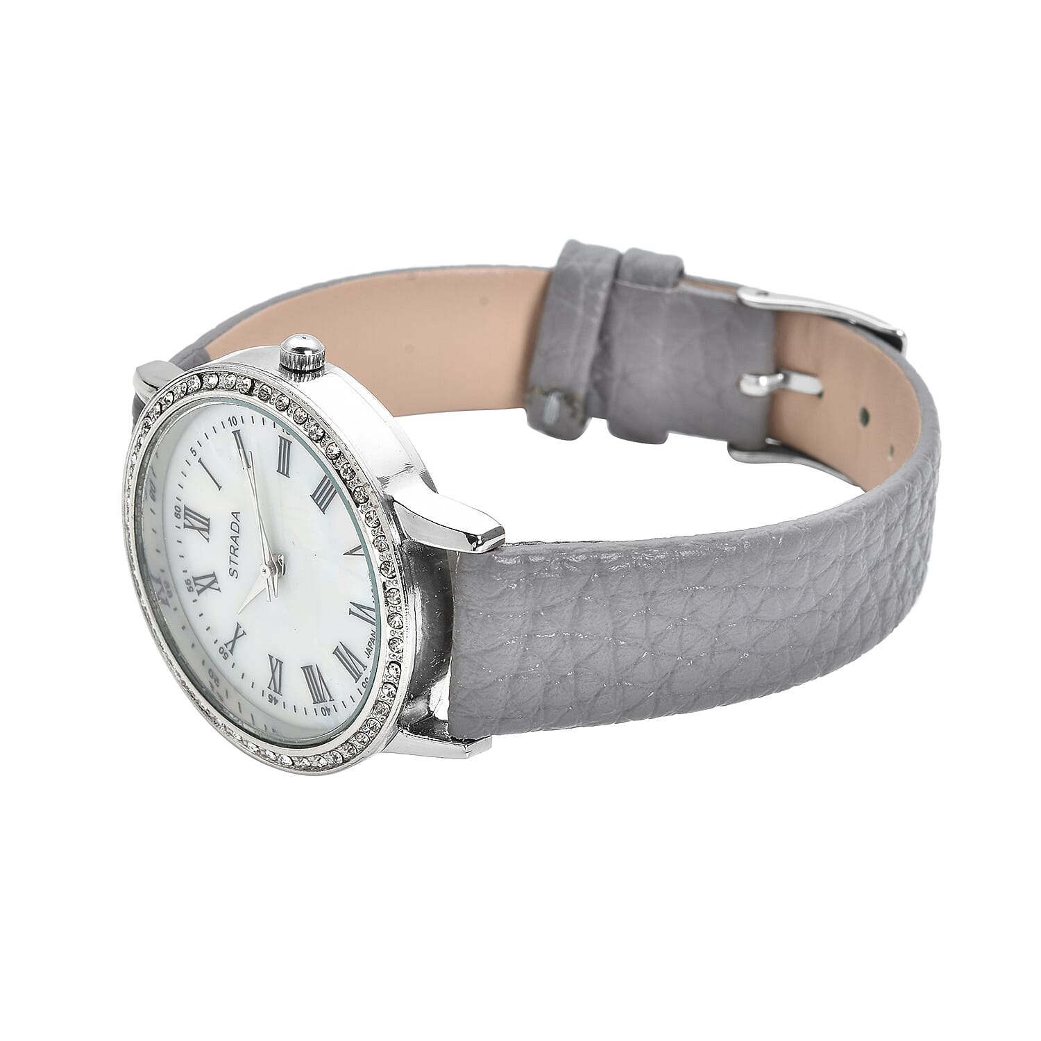 Strada Japanese Movement Simulated MOP Carved Dial Watch With Gray Faux Leather Strap (34mm) 