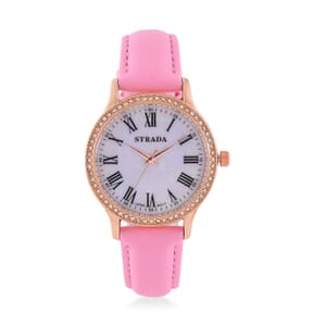 Strada Japanese Movement Simulated MOP Carved Dial Watch With Dark Pink Faux Leather Strap (34mm) 