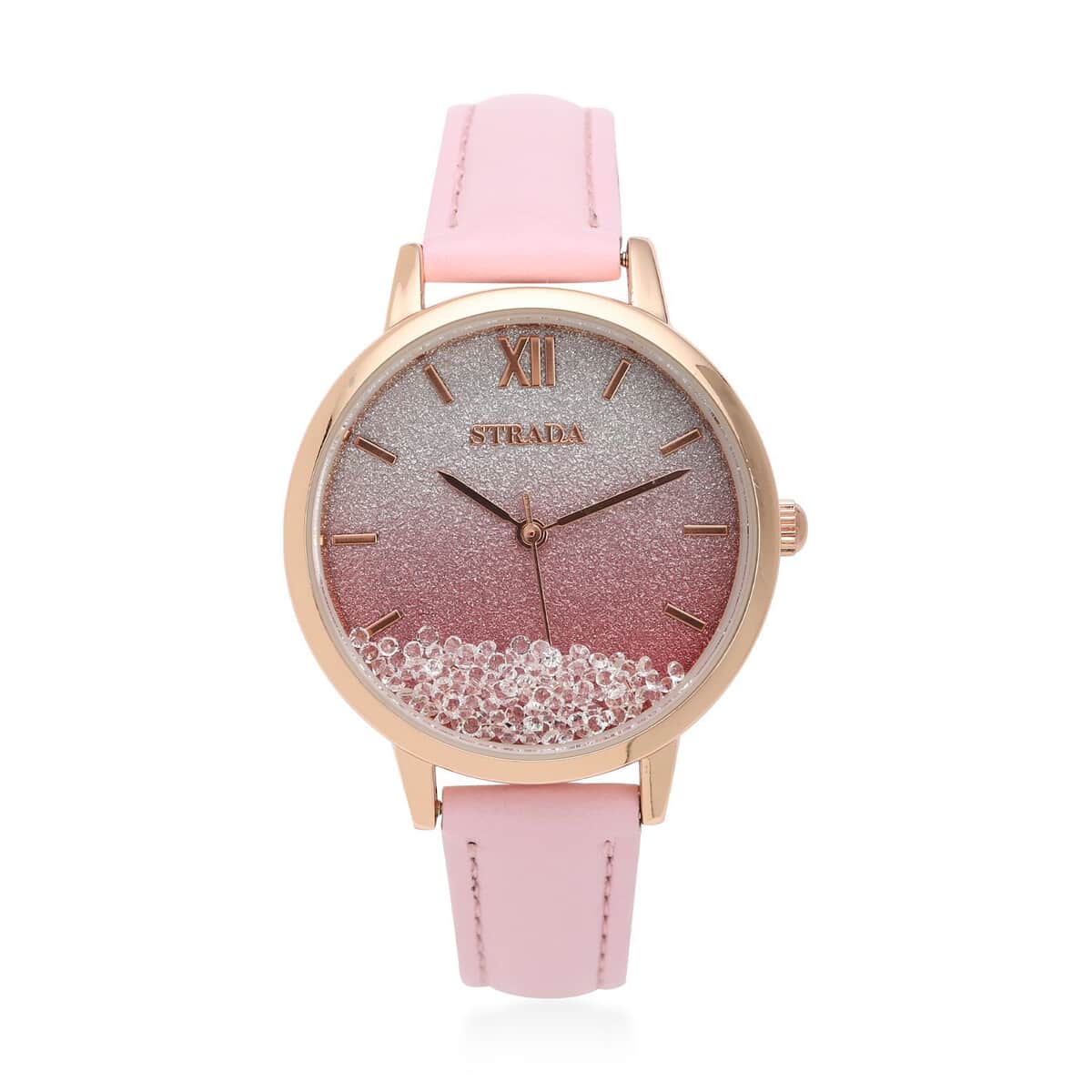 STRADA Austrian Crystal Japanese Movement Stardust Dial Watch in Pink Faux Leather Strap (34mm) 1.20 ctw image number 0