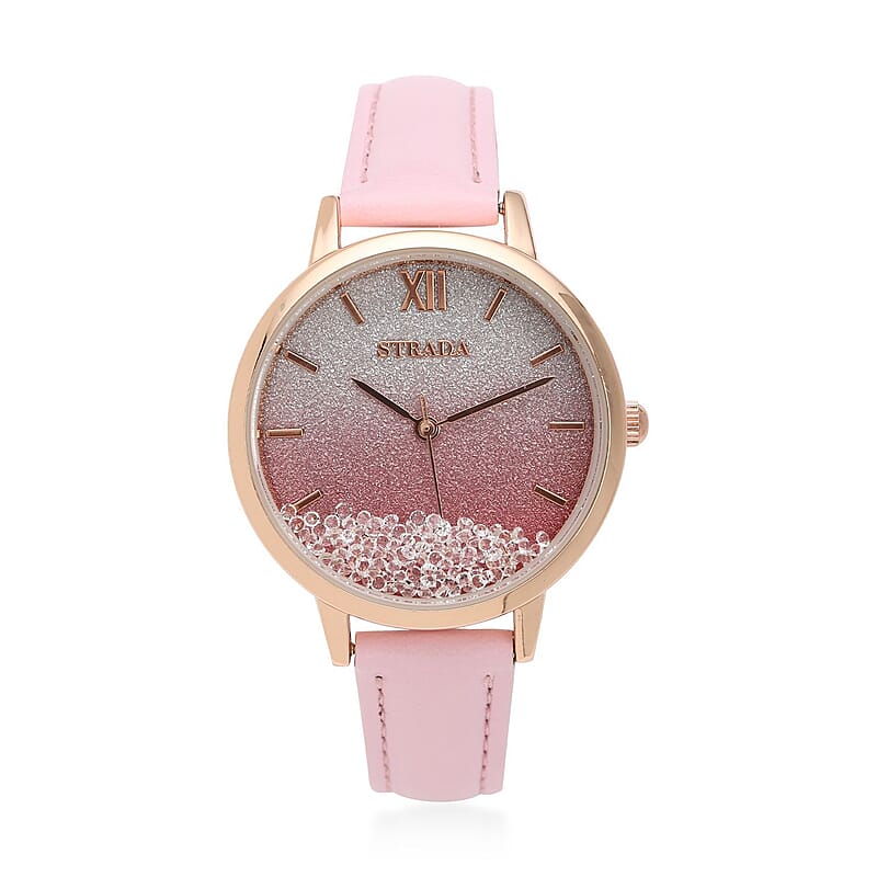 Strada Austrian Crystal Japanese Movement Stardust Dial Watch in Pink Faux Leather Strap (34.79mm) (5.5-7.25 Inches)