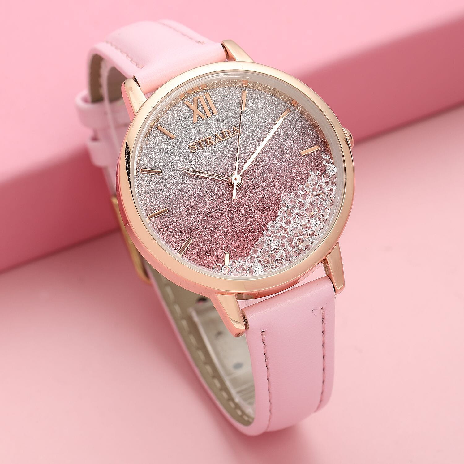 Strada Austrian Crystal Japanese Movement Stardust Dial Watch in Pink Faux Leather Strap (34.79mm) (5.5-7.25 Inches)