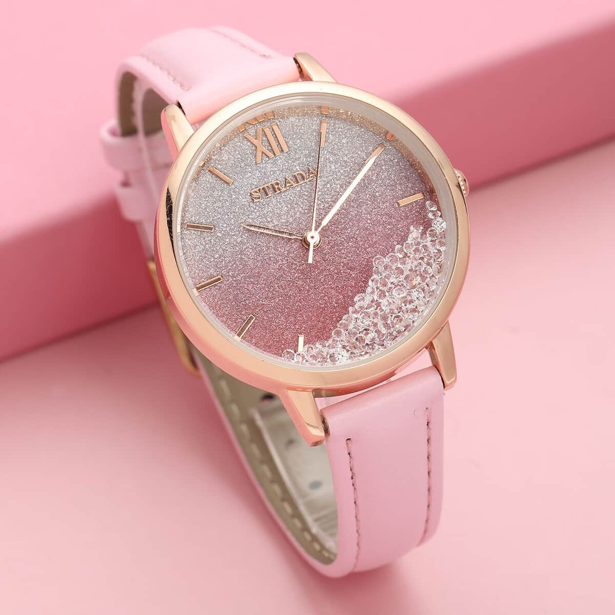 STRADA Austrian Crystal Japanese Movement Stardust Dial Watch in Pink Faux Leather Strap (34mm) 1.20 ctw image number 1