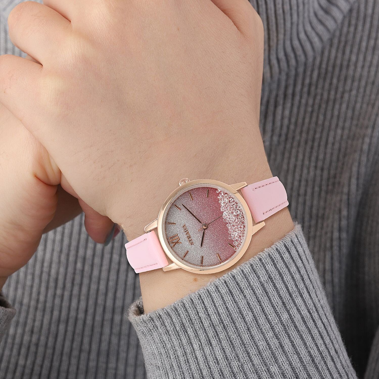 Strada Austrian Crystal Japanese Movement Stardust Dial Watch in Pink Faux Leather Strap (34.79mm) (5.5-7.25 Inches)