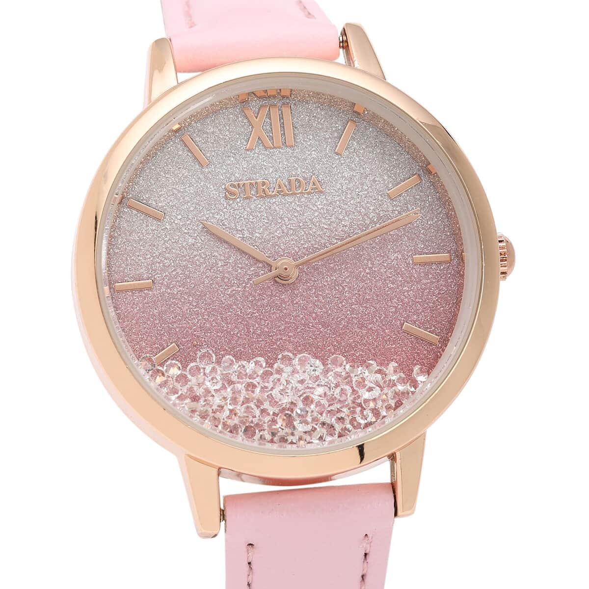 STRADA Austrian Crystal Japanese Movement Stardust Dial Watch in Pink Faux Leather Strap (34mm) 1.20 ctw image number 3