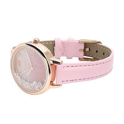 Strada Austrian Crystal Japanese Movement Stardust Dial Watch in Pink Faux Leather Strap (34.79mm) (5.5-7.25 Inches)