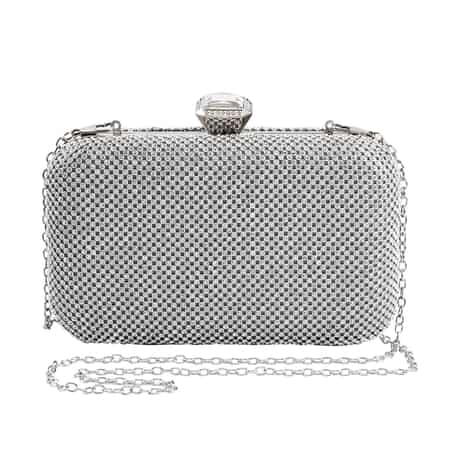 Silver Color Crystal Clutch Bag with 47 Inches Chain Strap , Shop LC