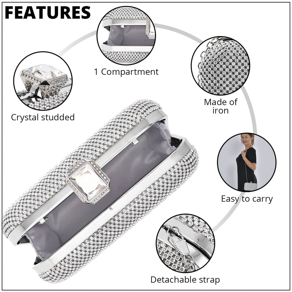 Silver Color Crystal Clutch Bag with 47 Inches Chain Strap image number 3
