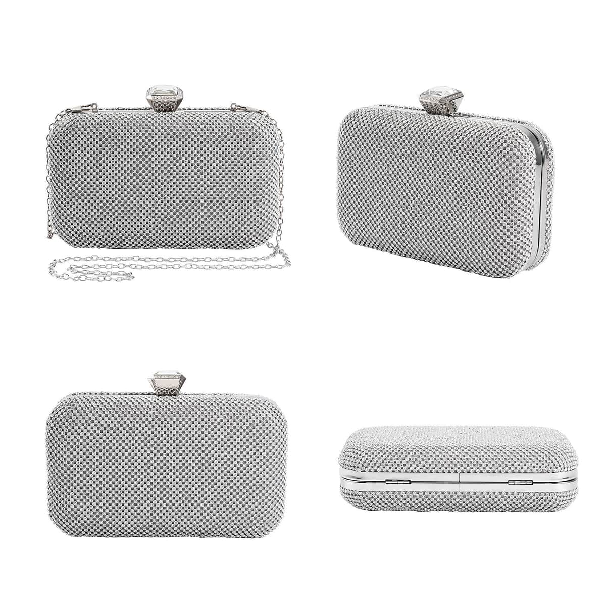 Silver Color Crystal Clutch Bag with 47 Inches Chain Strap image number 5