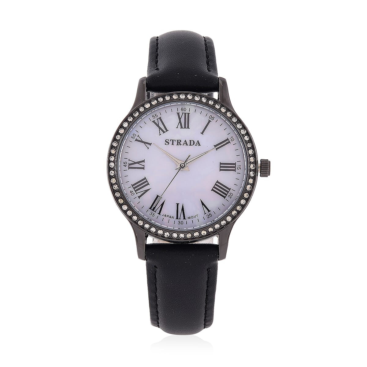 Strada Japanese Movement Simulated MOP Carved Dial Watch With Black Faux Leather Strap (34mm)  image number 0